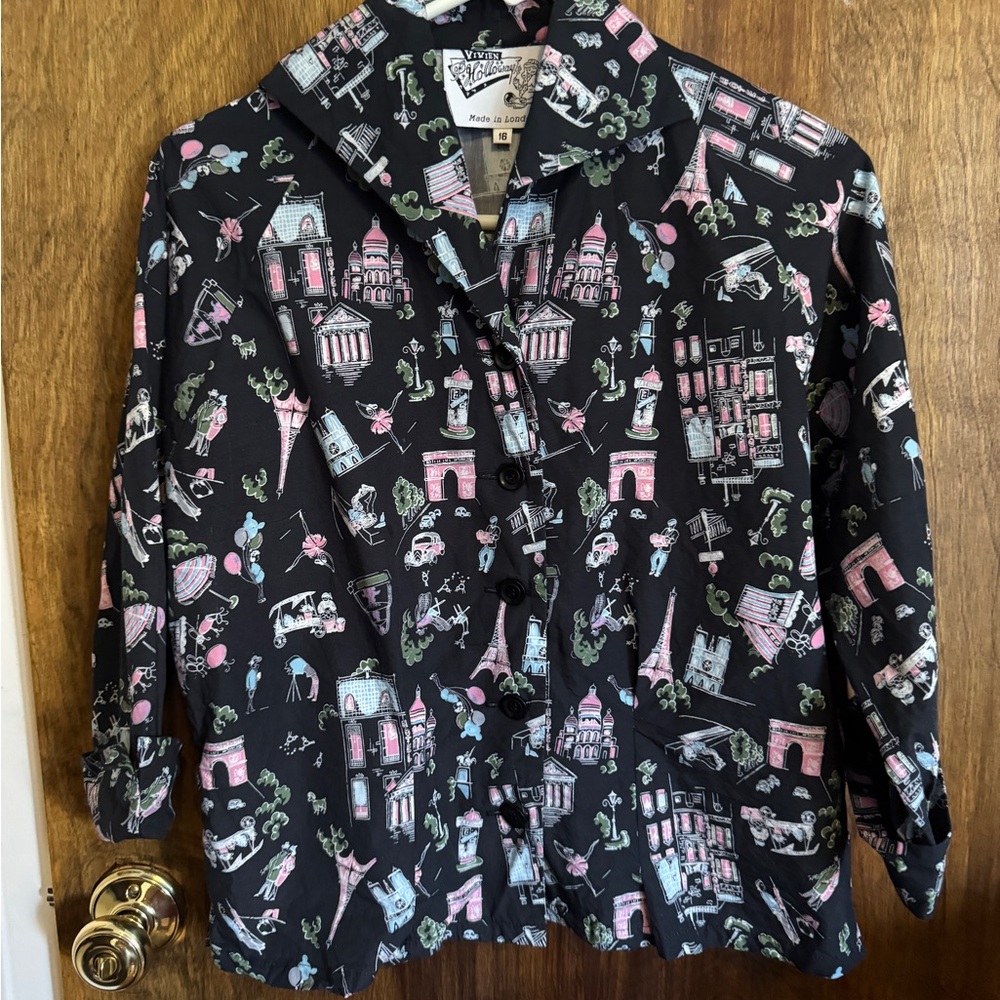 Vivien of Holloway Button Down Shirt with Paris Themed Print